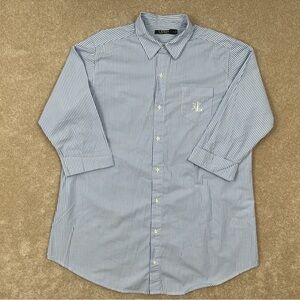 Lauren Ralph Lauren Shirt XL Blue Button Up Striped 3/4 Sleeve Cotton Preppy Men